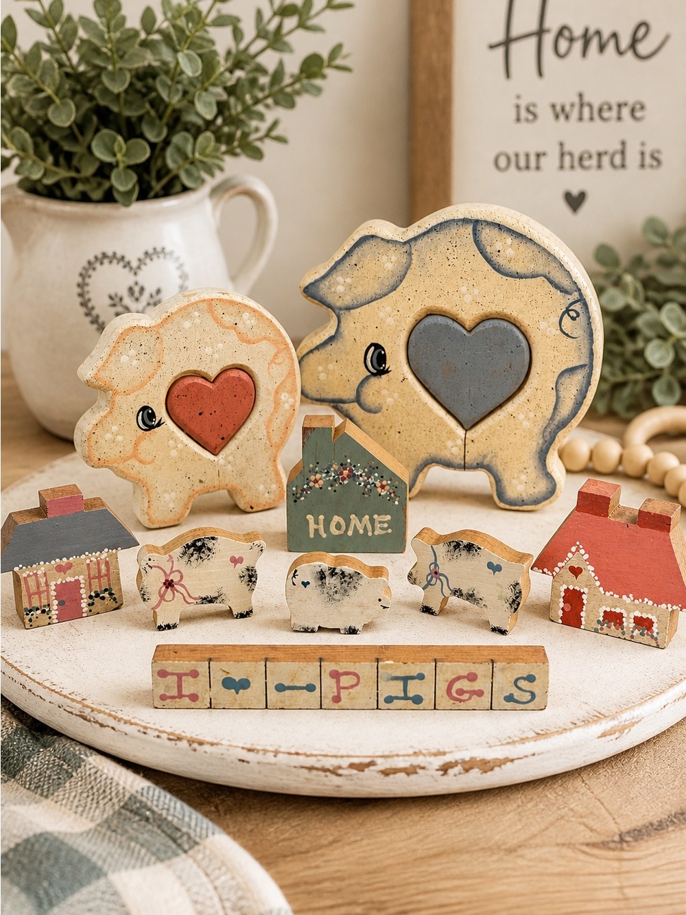Farmhouse Pig Decor Set Rustic Cottage Country Tiered Tray Pigs Bundle